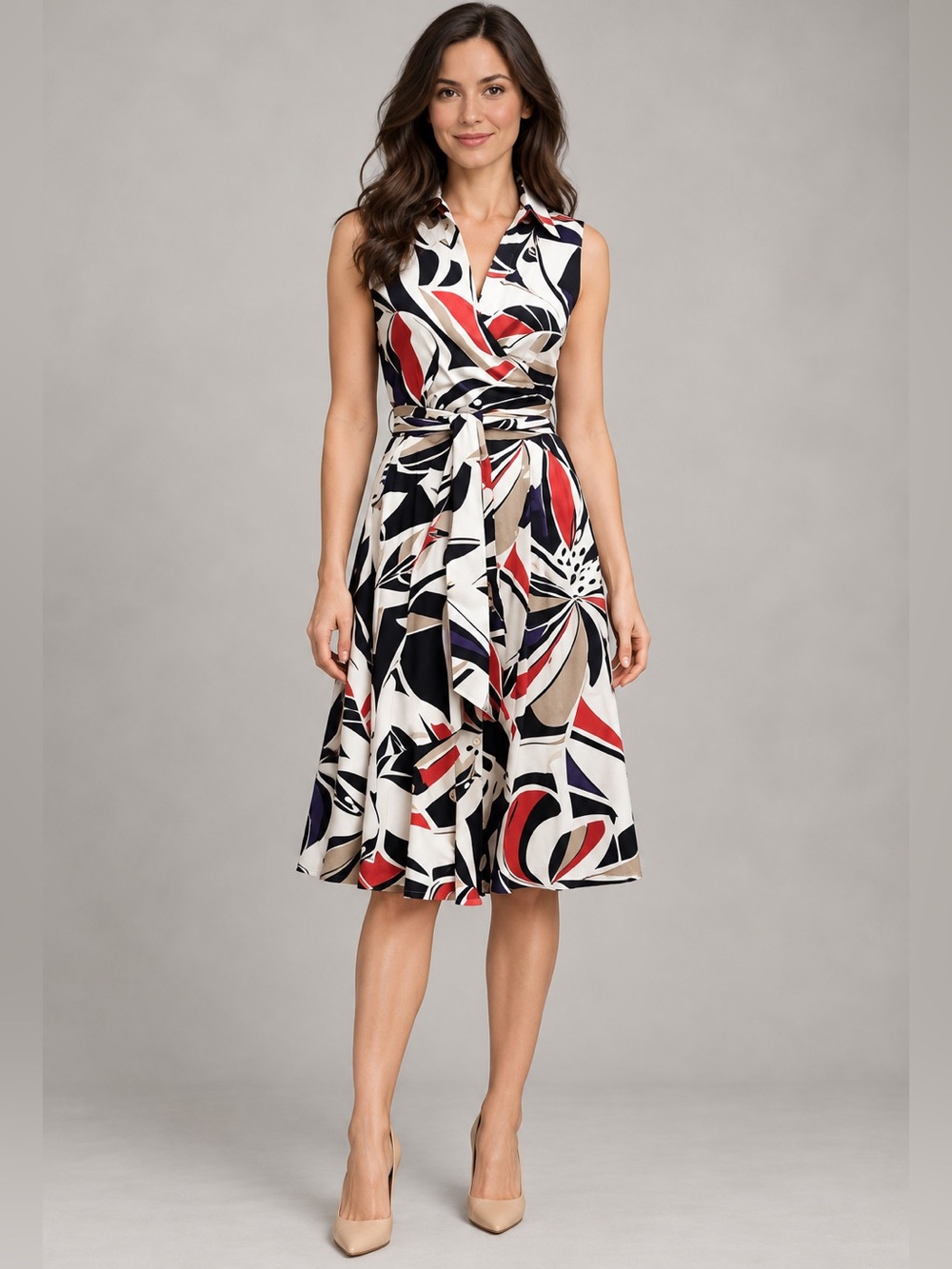 Kenneth Cole Reaction Size 10 Abstract Print Waist Tie Dress Pockets